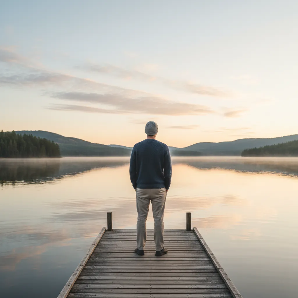 Man i naturen vid Skandinavisk sjö, aktiv livsstil
